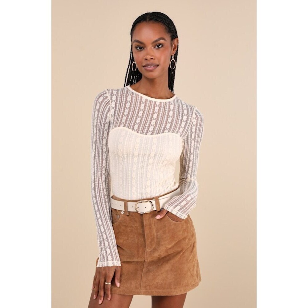 Lulus Sheer Passion Cream Sheer Lace Long Sleeve Top Beige - Size XS